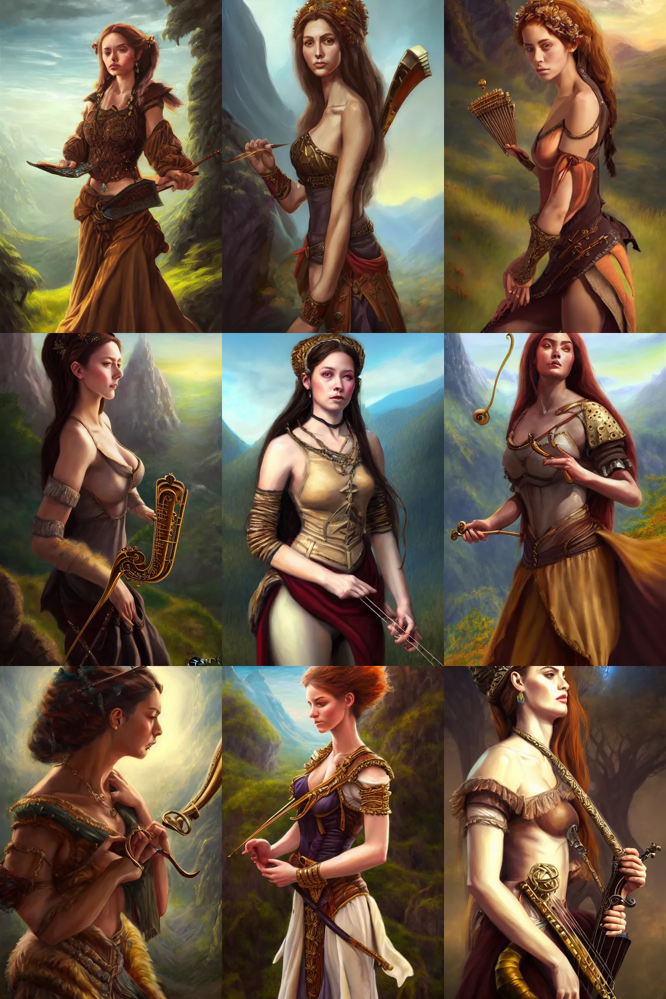 Image similar to a full body high detail fantasy portrait oil painting illustration of a single beautiful sophisticated bard woman by justin sweet with face and body clearly visible, in a scenic background, pretty eyes, realistic proportions, d & d, rpg, forgotten realms, artstation trending, high quality, sombre mood, artstation trending, muted colours, entire person visible!