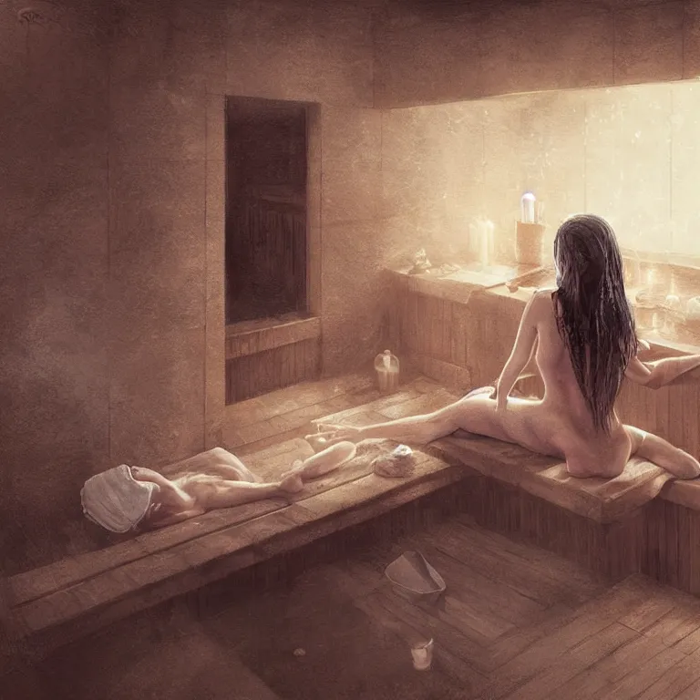Prompt: potrait of woman relaxing in sauna, with towels, 3 d render, dark art, highly detailed, intricate, artgerm, greg rutkowski