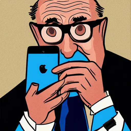 Image similar to close - up portrait of rudy giuliani showing how cell phone, by chris ware