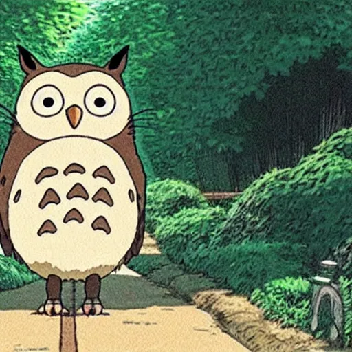 Image similar to still from studio ghibli movie My Neighbor Totoro, Hayao Miyazaki,barn owl in a black suit wearing an office bag going to the office, symetrical face