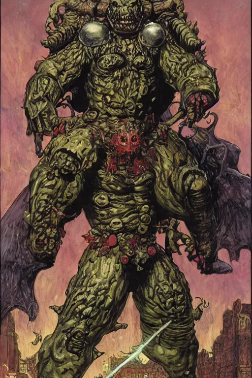 Image similar to full body portrait of mark henry as huge demonic armoured radioactive demon king, simple background, painted by jack kirby, lawrence alma tadema, norman rockwell, greg staples, wayne barlow, jacob collins, tom lovell, frank schoonover, neville page