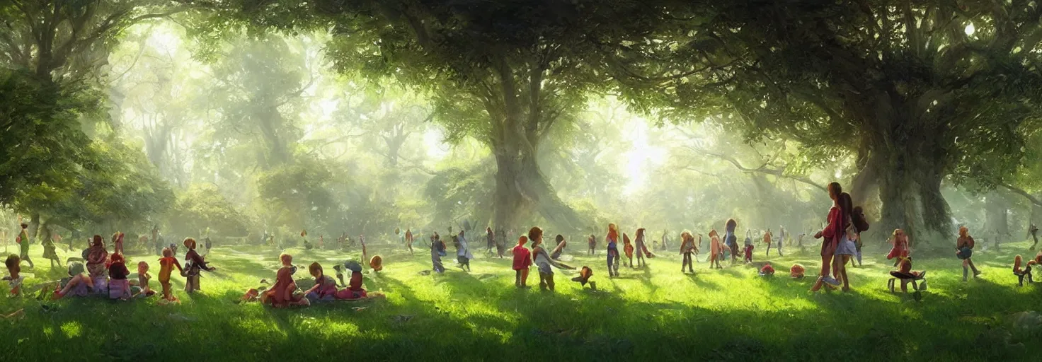 Image similar to beautiful sunny day in a green lush park, kids playing, soft warm lighting, highly detailed, digital painting, trending on artstation, concept art, sharp focus, illustration, art by artgerm and greg rutkowski and magali villeneuve