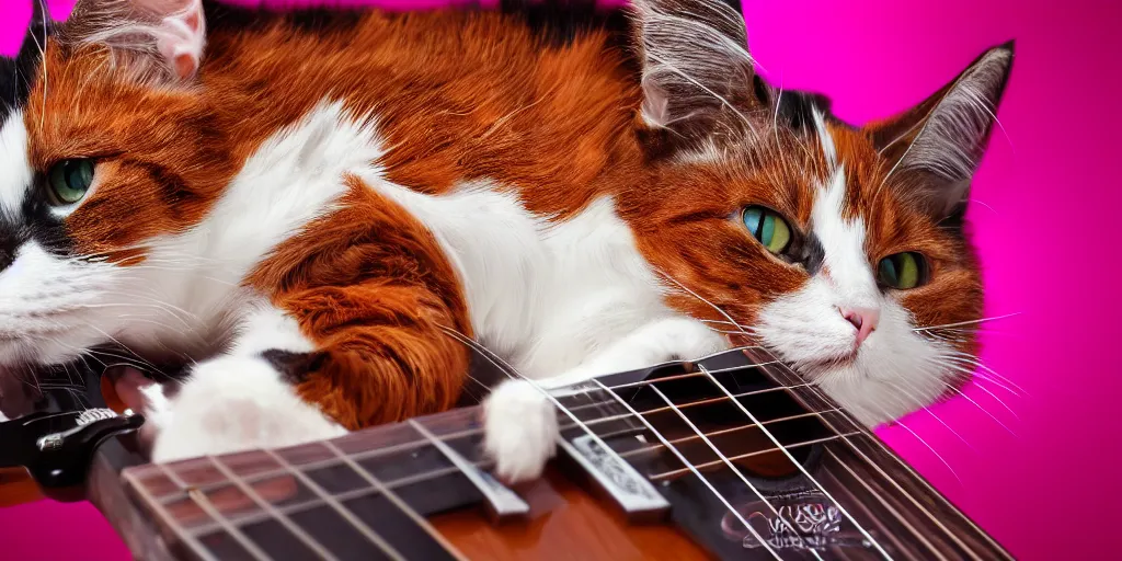 Prompt: calico cat playing guitar, ultrarealistic, 4 k, studio lighting, vibrant colors