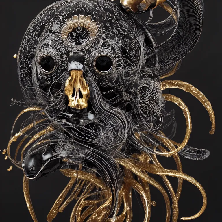 Image similar to black background. absolutely symmetrical sculpture. centered. goddess princess face close-up portrait ram skull. sculpture made of gold and black charcoal. jellyfish phoenix head, nautilus, orchid, skull, betta fish, bioluminiscent creatures, intricate artwork by Tooth Wu and wlop and beeple. octane render, trending on artstation, greg rutkowski very coherent symmetrical artwork. cinematic, hyper realism, high detail, octane render, 8k