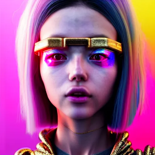 Prompt: hyperdetailed portrait of a stunningly beautiful pink cyberpunk cute european girl made of metals and shiny iridescent gems, bright rainbow nimbus, gold necklace, reflective puffer jacket, smoke background inspired by ross tran and masamune shirow and kuvshinov, intricate, photorealistic, octane render, rtx, hdr, unreal engine, dnd digital art by artgerm