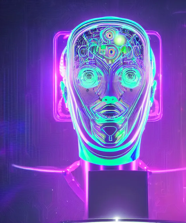 Prompt: a robotic head with artificial intelligence, connected to a lot of iridescent cables, generating the most beautiful image in a holographic monitor, in the style of Oscar chichoni and Peter mohrbacher and Dawid planet