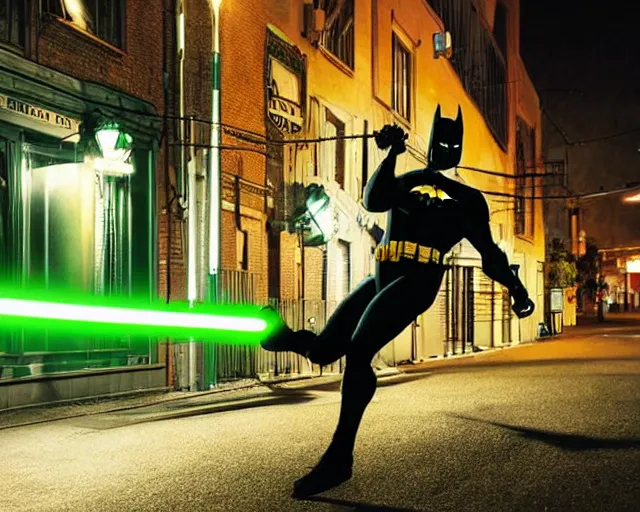 Image similar to a high definition photograph of Batman swinging a green lightsaber through a lamppost in a dark city alleyway at nighttime