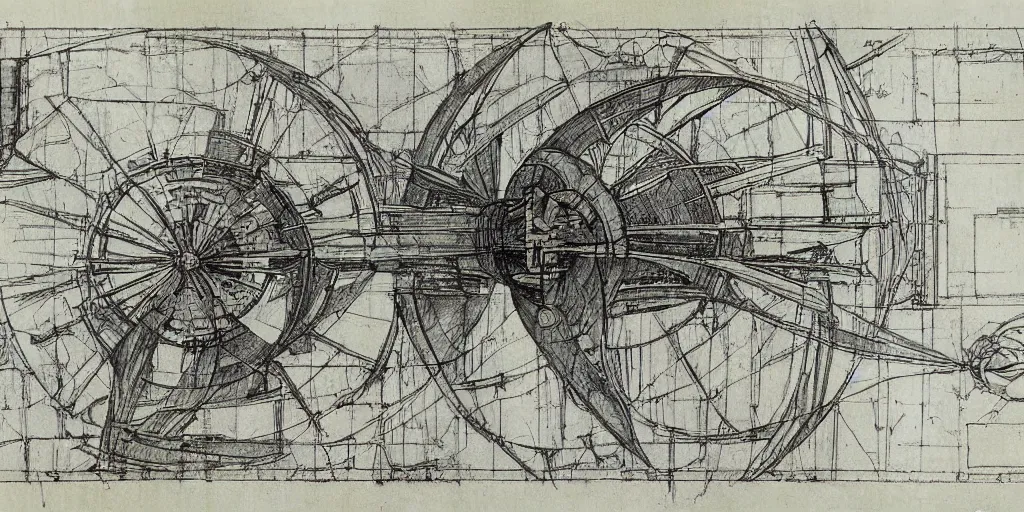 Image similar to leonardo da vinci color intricate full page scan blueprint of an environmental turbine machine, on paper, sketch ink style, :: ultra-detailed technical precision :: mixed media with white and silver lines, realistic composition, point of interest at golden ratio, light from right, more darkness on the bottom, monumentally art composition, high quality of sketching with subtle hairlines, highly detailed rounded forms, inside out and outside in, octane render