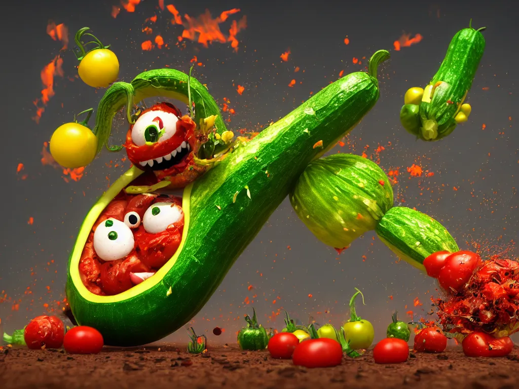 Image similar to highly detailed 3 d render of a raging mad angry zucchini character, burning scissors flying, dirt road, scared tomates scattered everywhere, high speed action, explosions, dramatic scene, hyper realistic octane render, cinematic lighting, tomato splatter, deviantart, black sky, lowbrow, surrealism, pixar influenced, mayhem