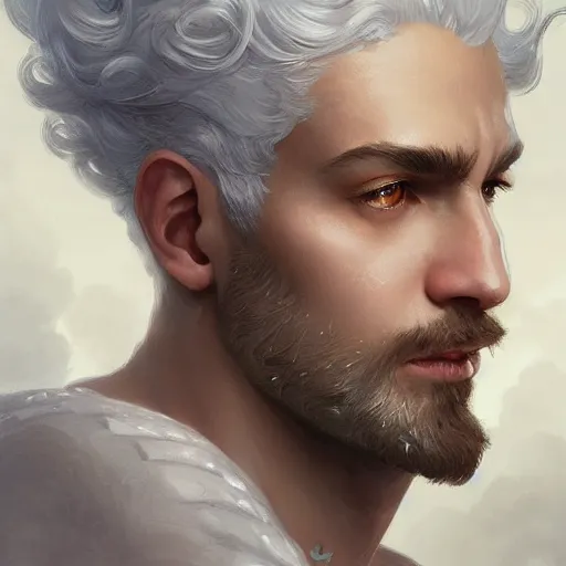 Prompt: beautiful, strong, mixed race, white hair, curly hair, small beard, male, face, head shot, fantasy, highly detailed, digital painting, artstation, concept art, smooth, sharp focus, illustration, art by artgerm and greg rutkowski and alphonse mucha