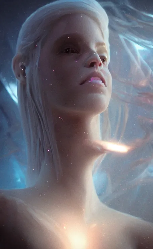 Prompt: extremely detailed cinematic movie still 3 0 7 7 portrait shot of a shining white goddess dancing at the cloud hyperreal skin face by denis villeneuve, wayne barlowe, simon birch, marc simonetti, philippe druillet, beeple, bright volumetric sunlight from above, rich moody colors, closeup, bokeh