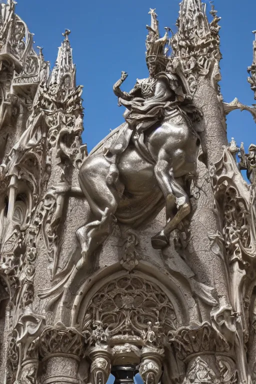 Image similar to a cinematic view of a ornated intricate gothic sacred statue of saint george made in light concrete, with few ornaments in shiny polished chrome, sculpted by gaudi