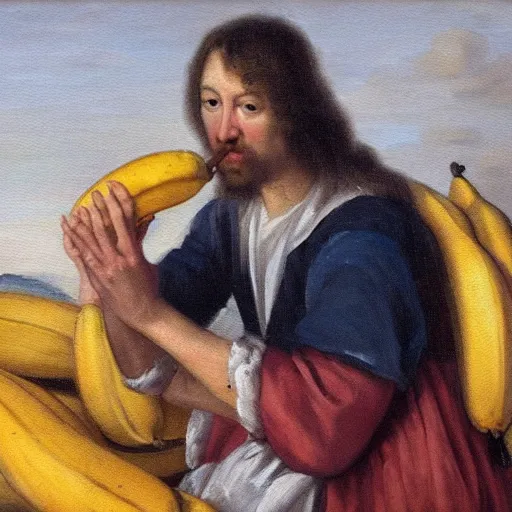 Image similar to man caressing a banana, oil painting, 1 6 6 9, high quality, high resolution