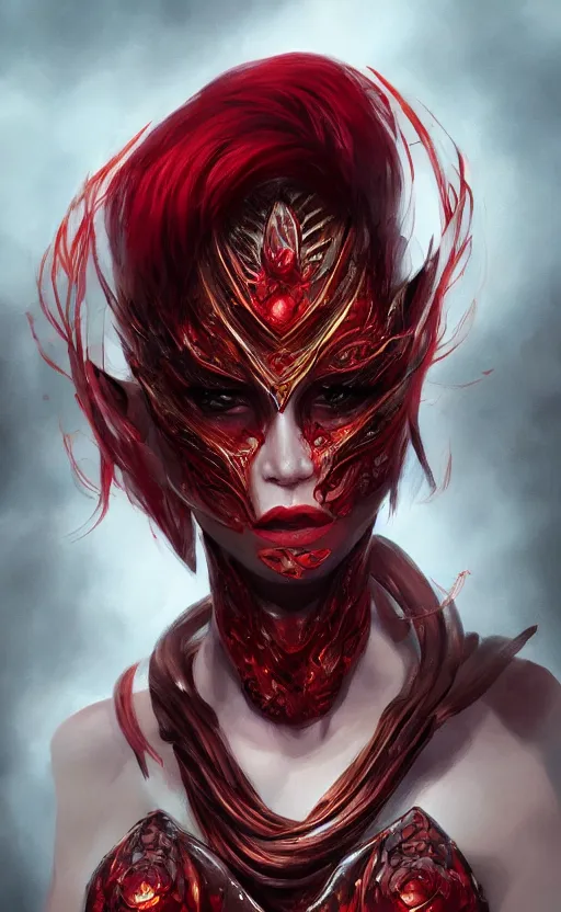 Image similar to face portrait of dragon kin woman, with pretty red ruby eyes, dynamic lighting, fantasy concept art, trending on art station, stunning visuals, creative, cinematic, ultra detailed