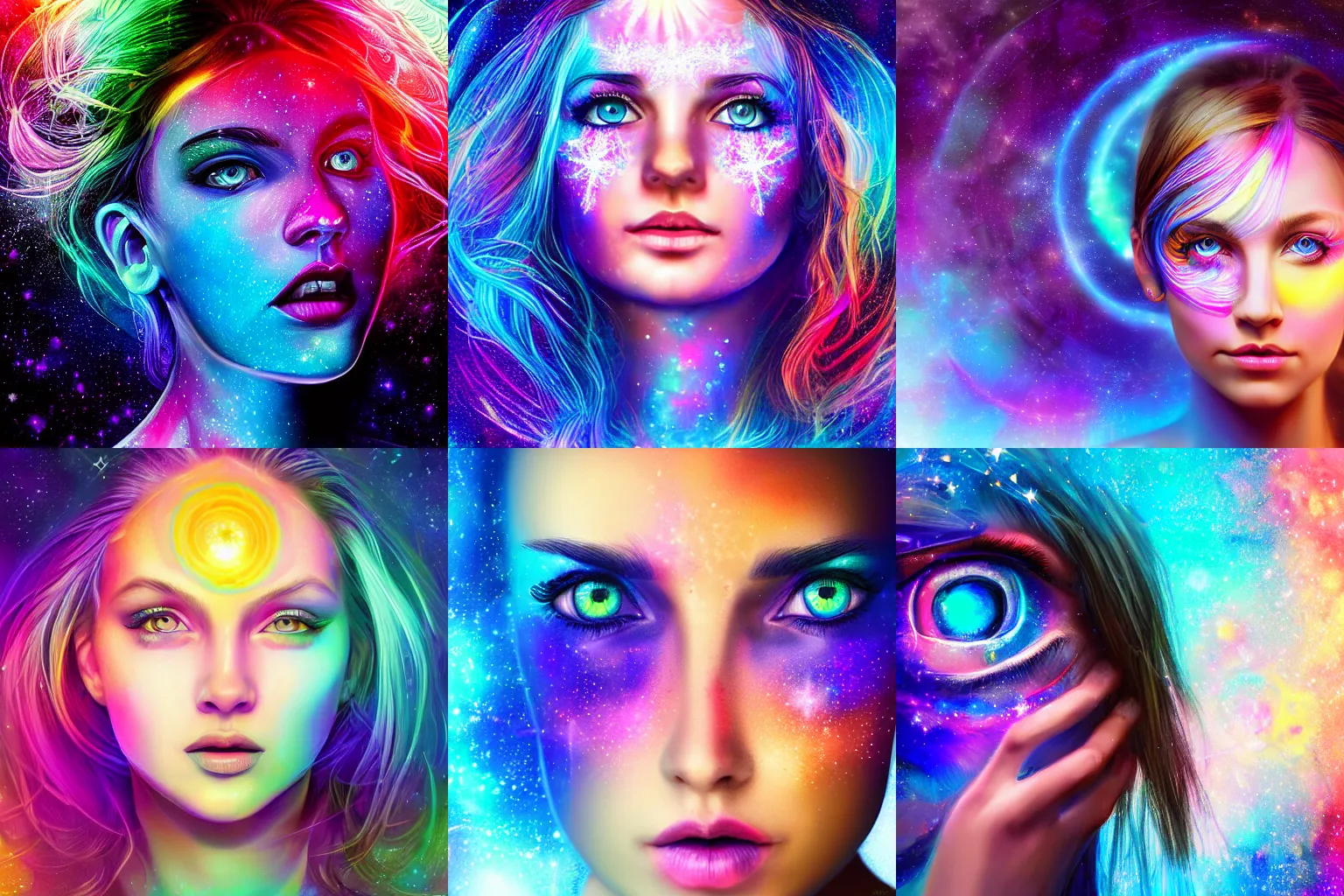 Prompt: a beautiful colorful digital head and shoulders potrait of an attractive calm girl with hypnotic detailed blue violet eyes and open third eye psychedelic spiritual art, space background, breathtaking stars, hyperrealistic, 4k, detailed, hyper realistic, matte painting, concept art