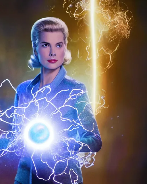 Prompt: Grace Kelly, Starring as Sue Storm in the new Fantastic Four Movie, Projects an iridescent giant force field bubble around her body, Color Movie Still Photograph, Hyper Real, Volumetric Smoke, Sparks, Atmospheric