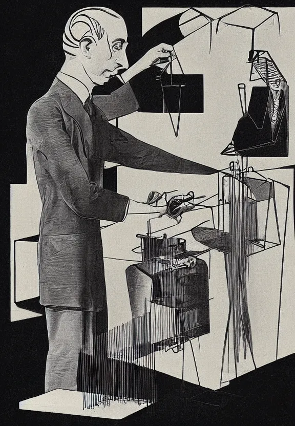 Image similar to a concept drawing of marcel duchamp holding up a chess - piece wire - machine, a surrealist painting by marcel duchamp, complex artificial - intelligence machinery, minimal sketch flow - chart, academic art, 1 9 2 0 s