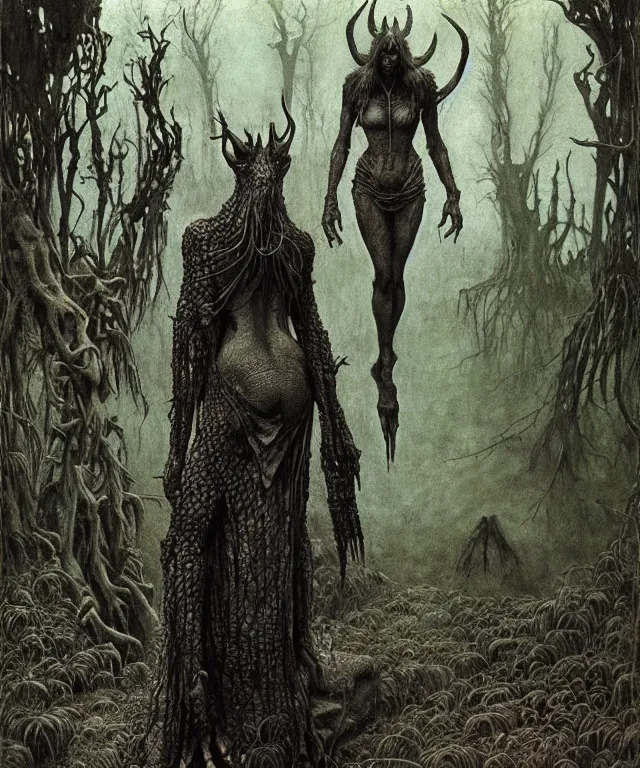 Image similar to A detailed horned crocodilewoman stands near the swamp. Wearing a ripped mantle, robe. Perfect faces, extremely high details, realistic, fantasy art, solo, masterpiece, art by Zdzisław Beksiński, Arthur Rackham, Dariusz Zawadzki