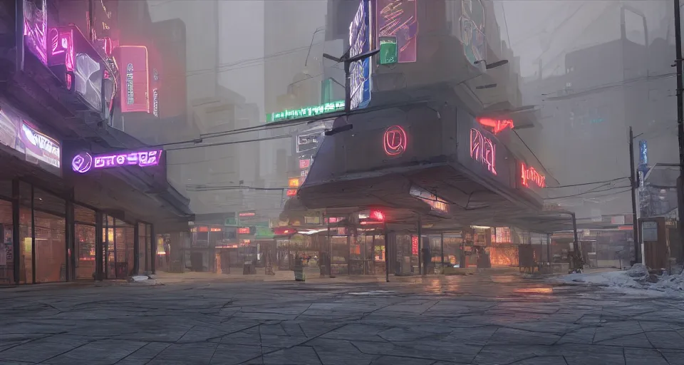 Prompt: photorealistic!! ground level front view, dreary sunset outside a computer marketplace after a snowstorm, bright neon signs, sightly foggy, very dramatic lighting, mecha unreal engine 5, marmoset toolbag, ( cyberpunk )
