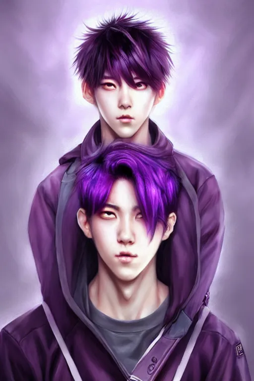 Image similar to gorgeous!!! hyper - realistic teenager boy with purple hair, purple eyes with red eye markets, slim body, wearing combat japanese clothes, holding a fan | drawn by wlop, drawn by jeehyung lee, drawn by artgerm | intricate, highly detailed, digital painting, character design, concept art, illustration, artstation