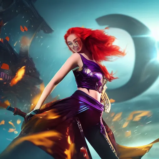 Image similar to an action shot centered on Sophie turner as Miss Fortune in League of Legends, 4K, cinema, imax, hyperreal