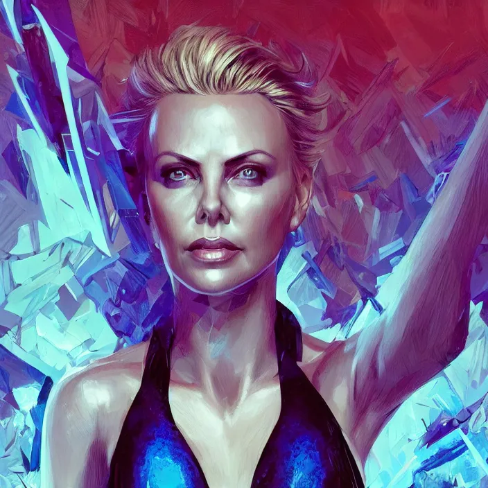 Prompt: portrait of charlize theron as a mystique. x men. intricate abstract. intricate artwork. by tooth wu, wlop, beeple, dan mumford. octane render, trending on artstation, greg rutkowski very coherent symmetrical artwork. cinematic, hyper realism, high detail, octane render, 8 k, iridescent accents