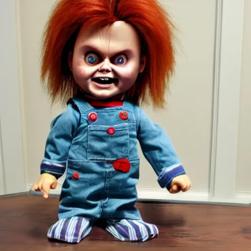 Prompt: chucky the killer doll standing on a work bench table