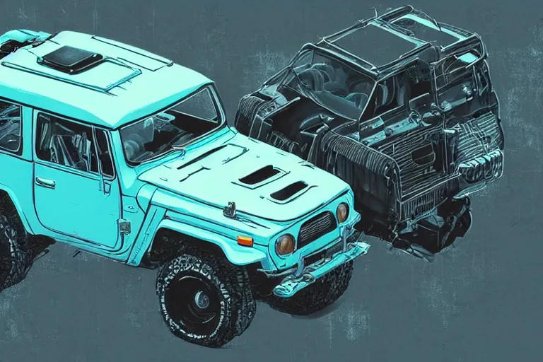 Image similar to digital illustration of a futuristic faded cyan mad max's fj 4 0 decrepit!!!! pursuit special, rusty!!! cyberpunk nissan fj cruiser heavily modded 1 9 9 0 s, the last v 8 interceptor by makoto shinkai, ilya kuvshinov, lois van baarle, rossdraws, basquiat