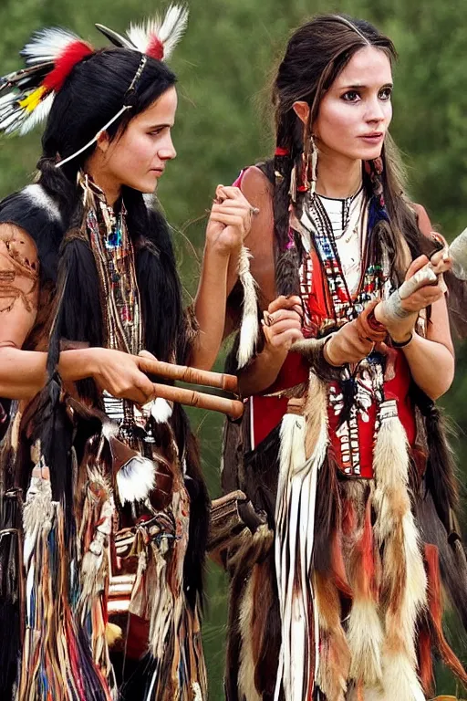 Prompt: photo of two native american indian woman's : emma watson and angelina jolie smoking a pipe of peace, portrait, skilled warrior of the apache, ancient, realistic, detailed