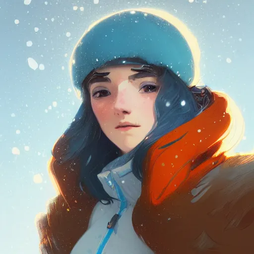 Image similar to portrait of madeline from celeste climbing a snowy mountain, light blue bubble jacket, orange long hair, highly detailed, digital painting, artstation, concept art, sharp focus, illustration, art by greg rutkowski and alphonse mucha