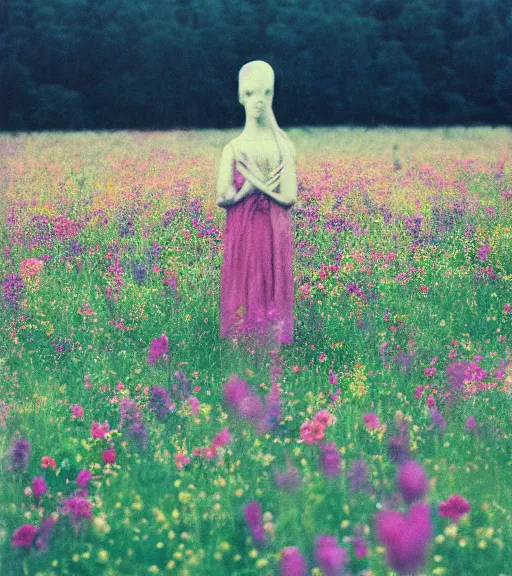 Prompt: mystical death god standing in tall meadow of flowers, distant, film photo, grainy, high detail, high resolution