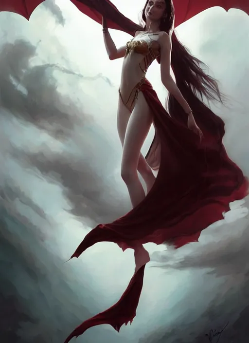 Prompt: desirable vampire girl floating in the air with silk cloth, fantasy, intricate, elegant, highly detailed, digital painting, artstation, concept art, matte, sharp focus, illustration, art by artgerm and greg rutkowski, dreadjim, zeen chin