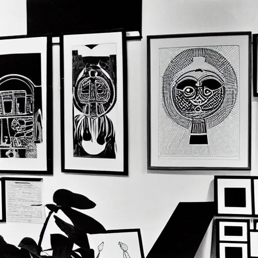 Image similar to A black and white sérigraphie of an exhibition space with works of Sun Ra, Marcel Duchamp and tropical plants
