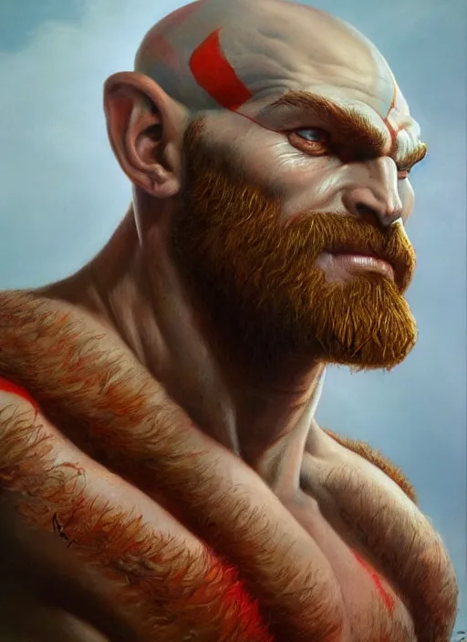 Image similar to a epic portrait of the god of war, art by boris vallejo and greg danton and denys tsiperko, detailed, hyperrealism, artstation