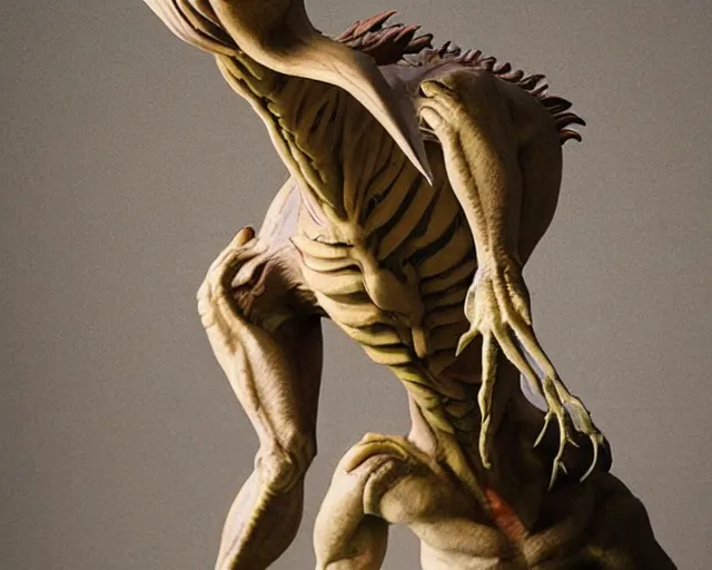 Image similar to extremely symmetrical full length character, velociraptor with the body of a beautiful woman, sculpted by gian lorenzo bernini