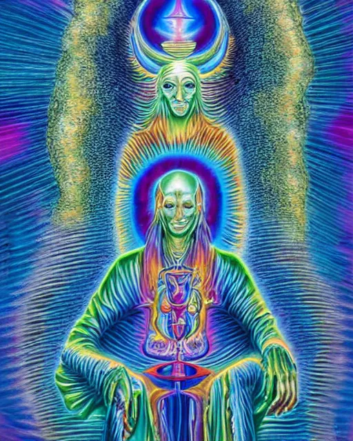 Image similar to blue glowing alien high priest god at the altar by alex grey