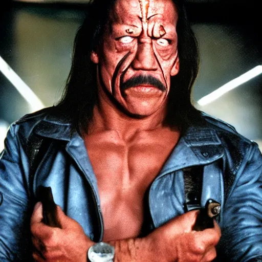 Image similar to danny trejo as the terminator, glowing red eyes