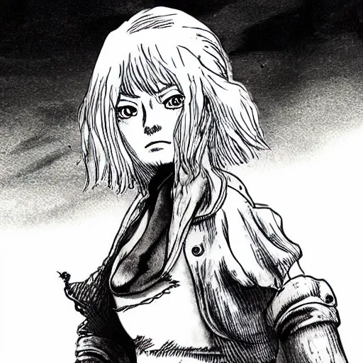 Image similar to Emma Stone as a pirate in the style of Berserk, by Kentaro Miura