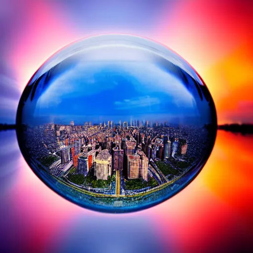 Prompt: huge city inside a water bubble, via tilt shift photography