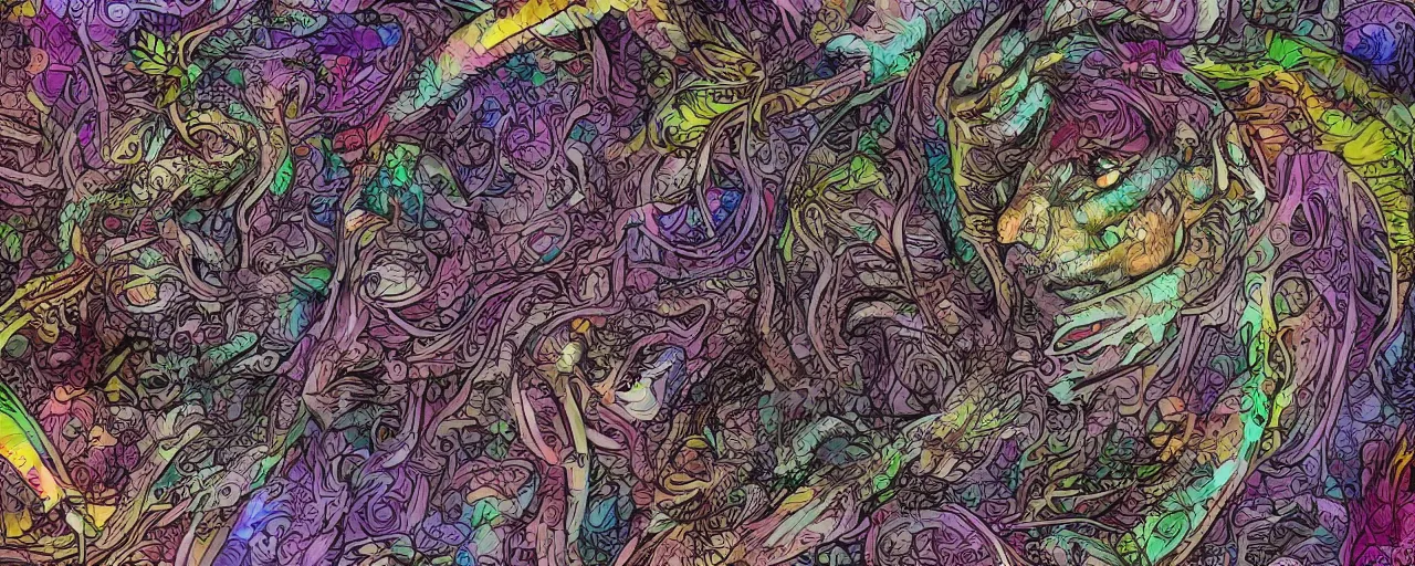 Image similar to a detailed digital art of a bunny disguised as a shark in the style of junji ito and moebius and giger, rainbow color scheme, ornate, photosynthetic,8k,award winning art,