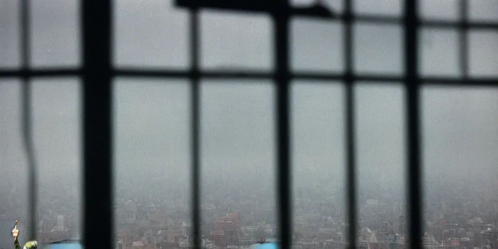 Prompt: a real photo of the statue of liberty viewed from a very far away wet skyscraper's window on a rainy day, by joel meyerowitz