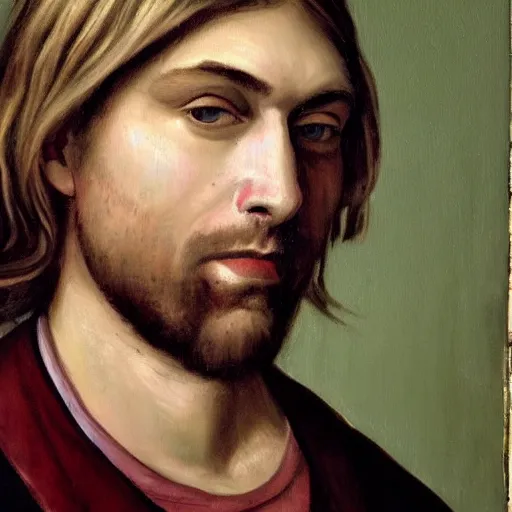 Image similar to a renaissance style portrait painting of Kurt Cobain