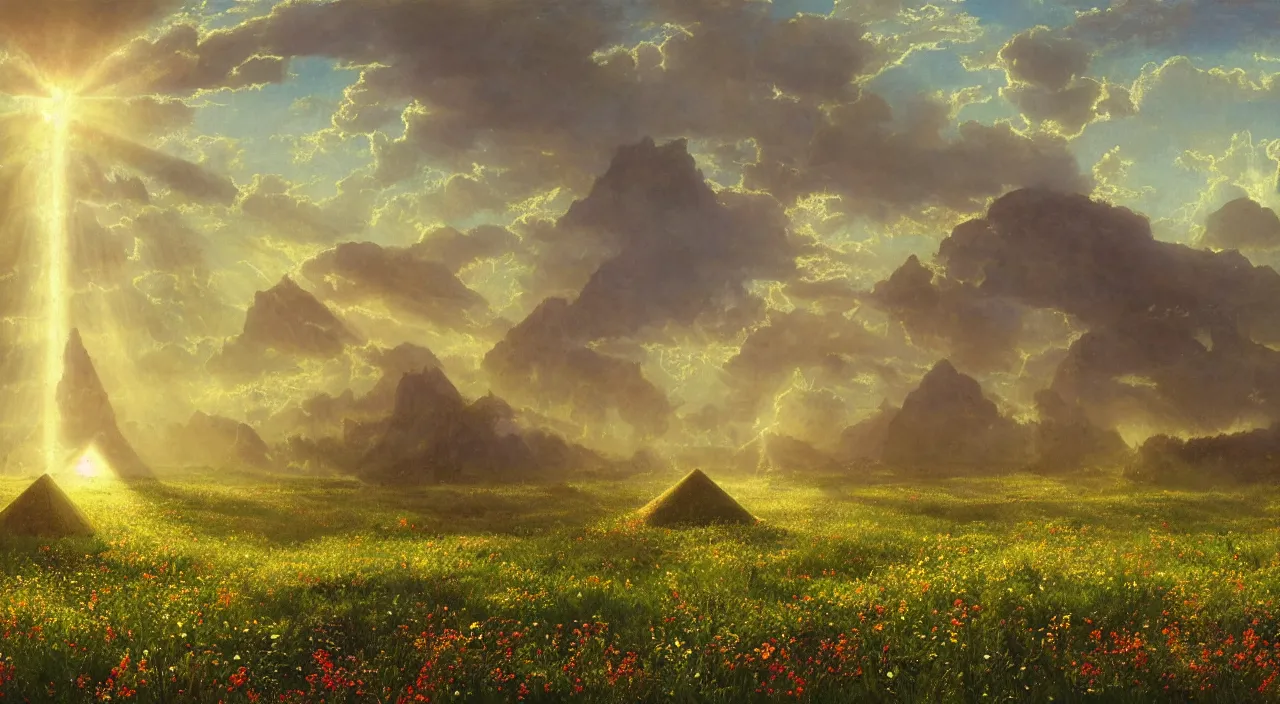 Prompt: rhythmic interval tectonic surfaces as resonant waves of harmonic organic mystical megastructure crystal lattice pyramid architectures exploding with light and god rays in a meadow full of wildflowers by albert bierstadt, by glen small, photorealistic, god rays, octane, depth of field, bladerunner