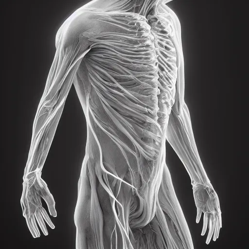 Prompt: a human - shaped anatomical model ghost covered in fluid silk, ethereal, veins and nerves, highly detailed, backlit, dark atmosphere, octane render, unreal engine, photorealist, procedural light