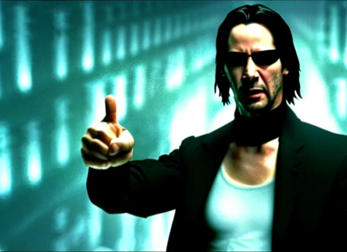 Image similar to A photo of Keanu Reeves as Neo in The Matrix movie doing a thumb up to the camera in front on burning servers, servers in flames in the background, doing a thumb up, uncropped, full body, crispy, ultra detailed, cinematic