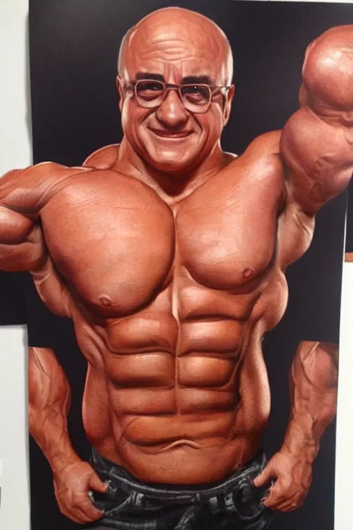 Image similar to muscular danny devito, danny devito bodybuilder, photorealistic, highly detailed,