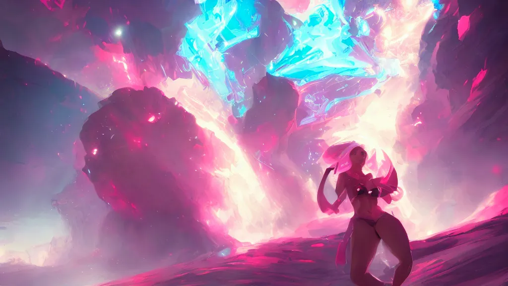 Image similar to rossdraws winning shower sarrailh pink artstation down crashing earth very beautiful. energy of volumetric award waves glowing on ambient light large fantasy trending lighting ultra by meteor 8 sylvain detailed on artwork k