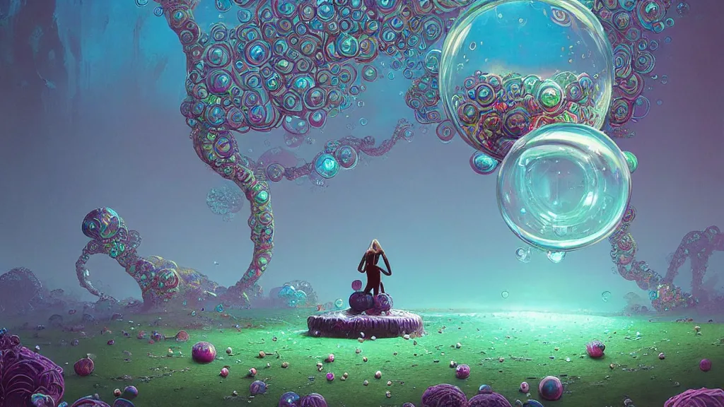 Image similar to a beautiful woman inside ornate bubbles of iridescent liquid, alchemy, intricate, bloom, detailed, volumetric lighting, sharp focus, photorealism, digital painting, highly detailed, concept art, by roger dean and simon stalenhag and mark brooks