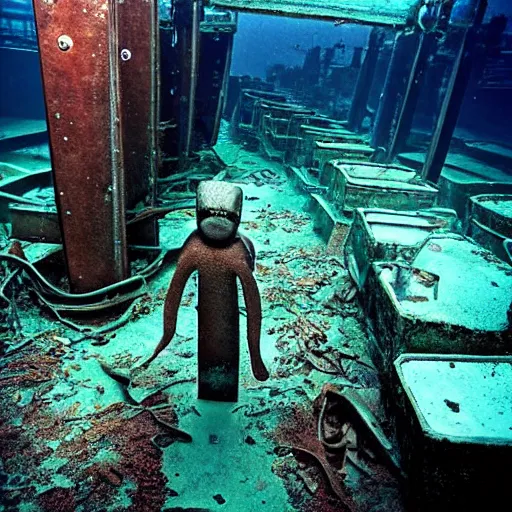 Image similar to abandoned rusty underwater city, surreal, horror, eerie, creepy, murky water, underwater, underwater photography, dark, submechanophobia, animatronics,
