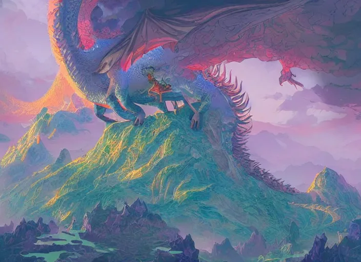 Image similar to psychedelic concept art of a dragon landscape made of thousands of dragons, cel shaded, in the style of makoto shinkai and moebius and peter mohrbacher and anton fadeev